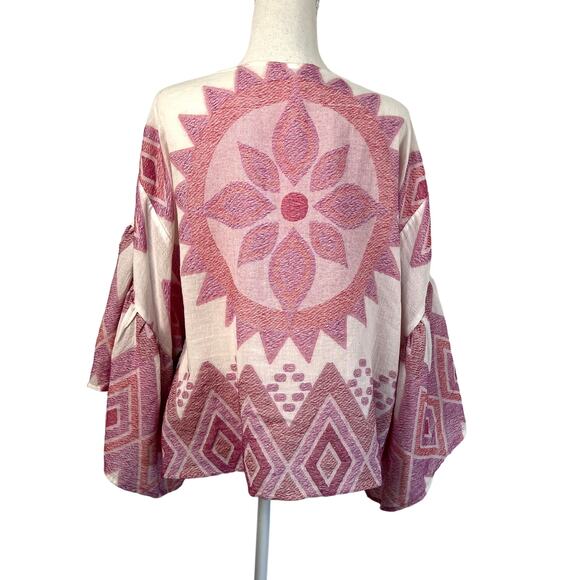 Anthropologie Jacinda Cropped Cardigan Flowy Wide Sleeves Pink White Kimono - Picture 6 of 7